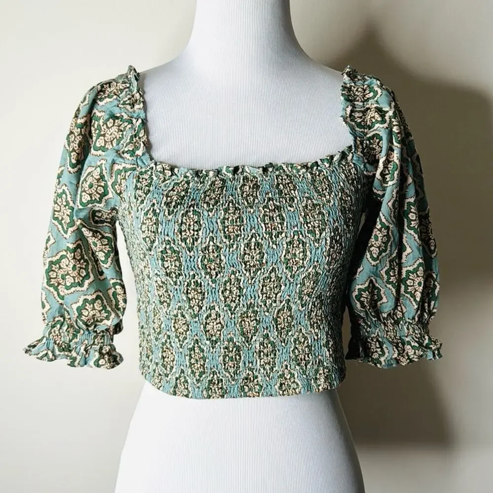 Zara Green Patterned Smocked Puff Sleeve Crop Top